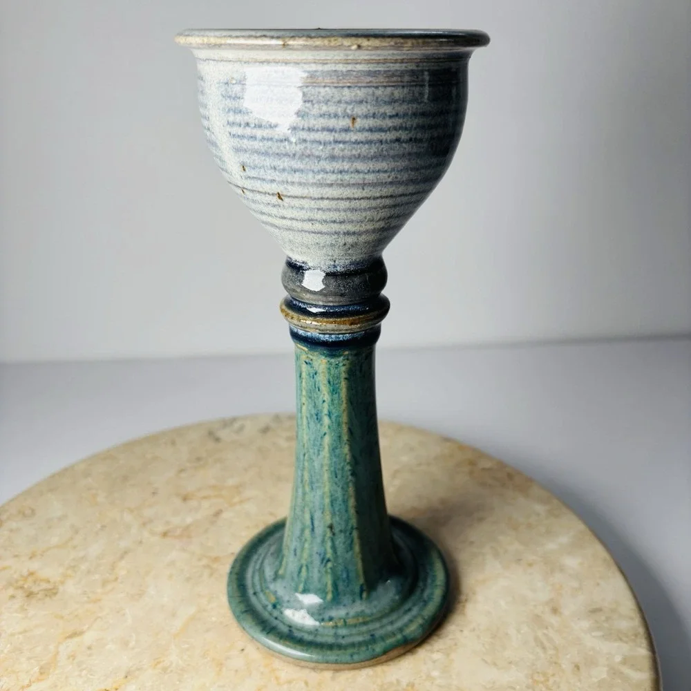 Handmade Pottery Candlestick Holder Blue Green Pillar Candles Goblet Style‎ Cup